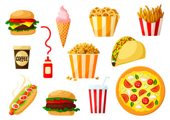 Fast food dishes with drink and dessert icon set