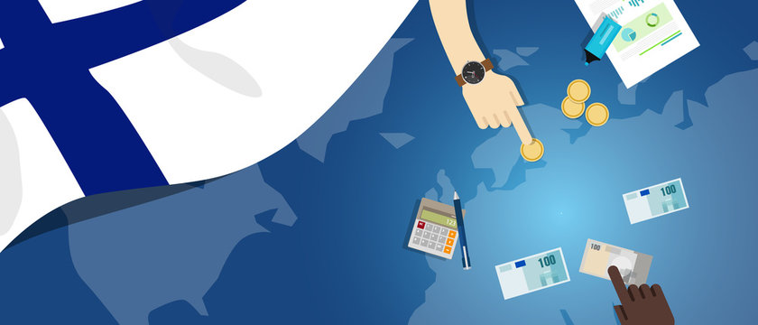 Finland economy fiscal money trade concept illustration of financial banking budget with flag map and currency