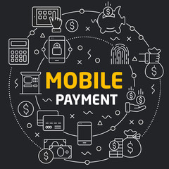 Vector linear illustration dark background mobile payment