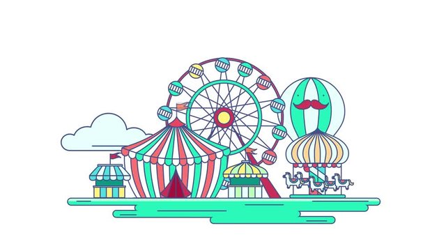Animation flat line amusement park or theme park graphic design in creative advertising banner background. Flat amusement park with entertainment concept in isolated background in 4k