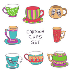 Doodle style cartoon cups - vector tea or coffee set
