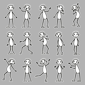 Cartoon set of stick figure man. Vector emotions and poses.