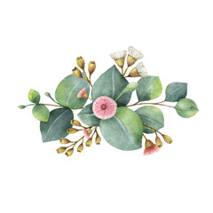 Watercolor bouquet with green eucalyptus leaves and branches. © ElenaMedvedeva