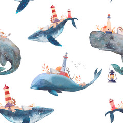 Modèle sans couture de baleines créatives à l& 39 aquarelle. Texture fantastique peinte à la main avec baleine bleue, cachalot, phare, ancre, plantes, roue, vieux bateau, pierres sur fond blanc.