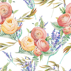 Obrazy na Szkle  Kwiaty w akwarela bezszwowe wzór. Ręcznie malowana tapeta botaniczna z lawendą, liśćmi eukaliptusa, kwiatami Jaskier, różą, gałęziami paproci na białym tle. Kwiatowy wzór tekstury