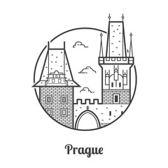 Travel Prague icon. Charles bridge towers on Vltava river is one of the famous architectural landmarks and attractions in Czech Republic capital. Thin line tourist destination icon in circle.