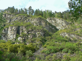 Fototapeta na wymiar Big rocky wall with forest at the top