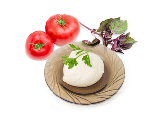 Mozzarella cheese on glass saucer, tomatoes and potherb