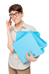 emotional baffled girl talking on the phone with the boss in iso