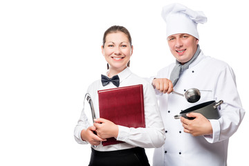 happy waitress and chef with cooking utensils on a white backgro