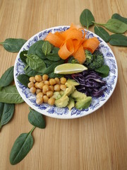 Buddha Bowl. The concept of healthy vegetarian food. Fresh raw vegetables, boiled  chickpeas.