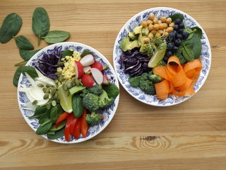 Buddha Bowl. The concept of healthy vegetarian food. Fresh raw vegetables, boiled millet and chickpeas. Two different variants