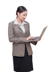 business woman Using a laptop in her hand isolate white background