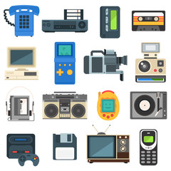 Vintage technologies camera phone retro audio icon vector set.