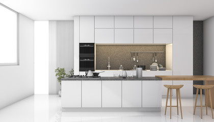 3d rendering white modern kitchen with light from window
