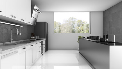 3d rendering white modern white and metal kitchen