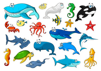 Fototapeta premium Marine animal isolated cartoon icon set