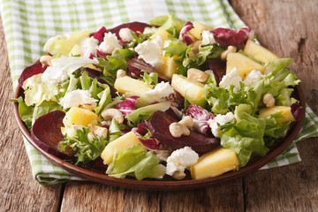 salad of roasted beets, fresh pineapple, cream cheese, cashews and greens closeup