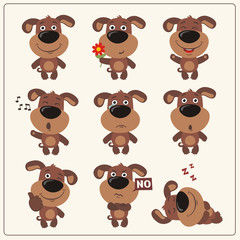 Funny little puppy dog set in different poses. Collection isolated puppy dog in cartoon style.
