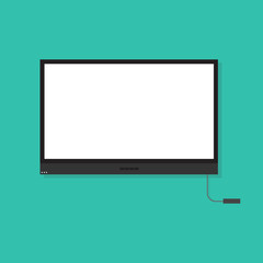 TV with blank screen and reciever with cable on green background. Flat design. Mockup TV. Vector illustration