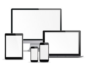 Computer monitor, mobile phone, smartphone, laptop and tablet pc with blank screen isolated on white background. 3D illustration.