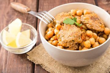 chickpeas with meat with vegetables and greens