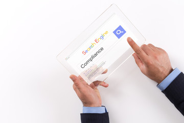 Hand Holding Transparent Tablet PC with Compliance screen
