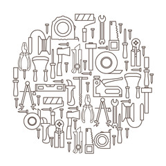 A set of hand tools for construction and repair located inside the circle on a white background. Vector illustration.