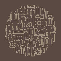 A set of hand tools for construction and repair located inside the circle on a brown background. Vector illustration.