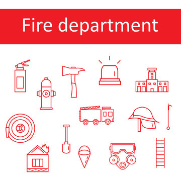 Icons of the fire department in the style of the line. Vector illustration.