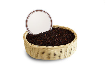 Riceberry in Wicker baskets with price tag isolated on white bac