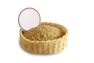 brown rice in Wicker baskets with price tag isolated on white ba