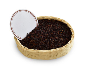 Riceberry in Wicker baskets with price tag isolated on white bac