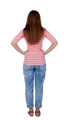 back view of standing young beautiful  redhead woman. girl  watching. Rear view people collection.  backside view of person.  Isolated over white background.