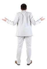 Back view of shocked and scared young business man.