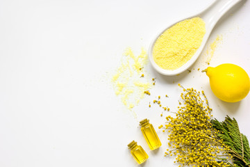 Spa set with oils and salt white background top view mock-up