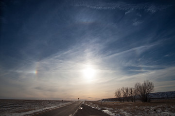 Sunny road. Blue sky with clouds, in South Dakota, USA