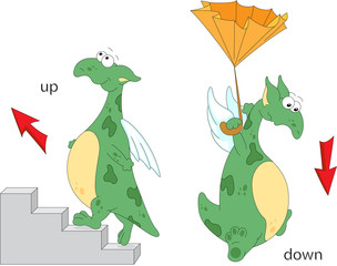 Cartoon dragon goes up the stairs and flies down with an umbrell