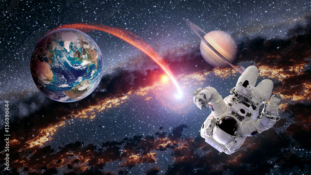 Poster astronaut planet earth saturn spaceman launch outer space galaxy universe. elements of this image fu