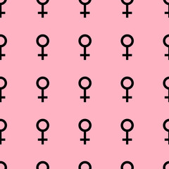Seamless pattern with black female symbols. Female signs same sizes. Pattern on pink background. Vector illustration