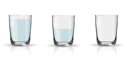 Glass of sparkling water, half full glass and empty glass