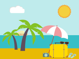 Vector tropical landscape. Sea shore beach with palm trees.  Hol