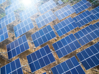 Solar panels (solar cell) in solar farm with  lighting.