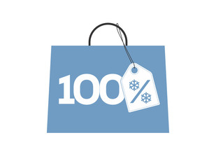 Blue shopping bag with 100% text and a snowflake percent design price tag label on it isolated on white background. For winter sale campaigns.