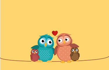 Lovely couple sitting owl on the rope with children owlet. Family