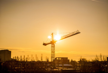 Sunset through a crane in industrialized area of city