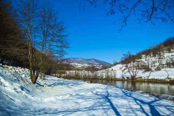 Winter mountain river beautiful landscape