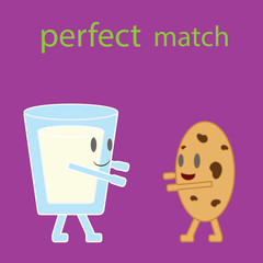Cartoon vector of glass of milk and cookie. Perfect match.