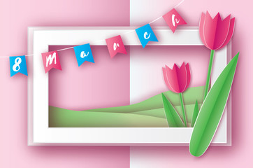 Pink Tulips. Paper cut flower. 8 March. Women's Day. Rectangle frame
