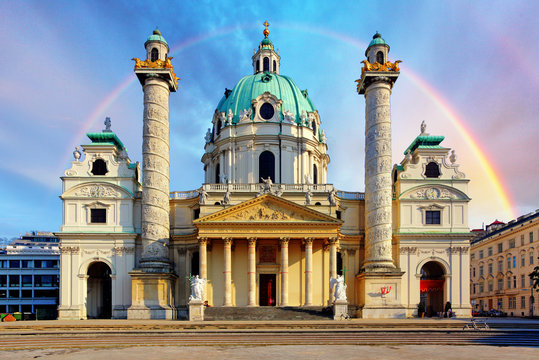 St. Charles's Church, Karlskirche in Vienna, Austria at sunrise